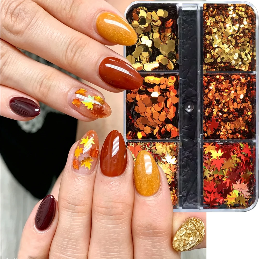 6Grids Autumn Glitter Sequins Maple Leaf Nail Charms 3D Hexagons Glitter Paillettes Epoxy Resin Fall Leaves Nail Sequins DIY Dec