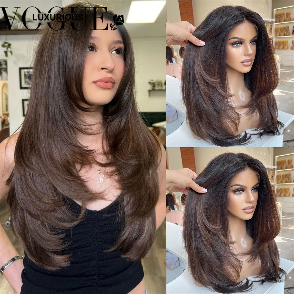 غلويليس الطبقات قطع البندق البني مستقيم شعر بشري لعذراء الباروكات مع شعري طبيعي سهل الارتداء قبل قطع الدانتيل شعر مستعار أمامي #2
