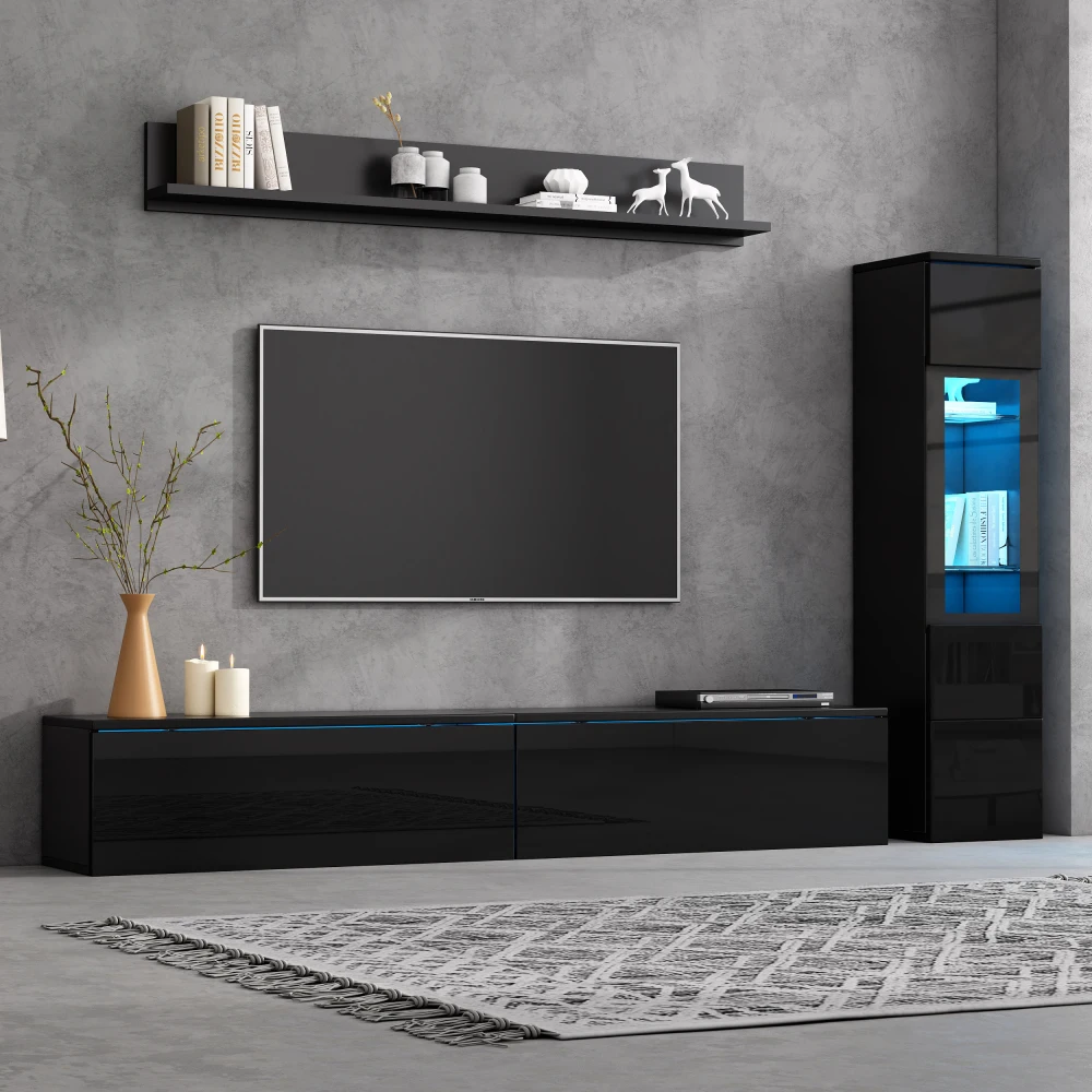 3-teiliges TV-Wohnzimmer-Wandset mit LED-Beleuchtung, Hochglanz-Möbelset, TV-Schrank, Vitrine und Hängeregal, für Fernseher bis zu 80 Zoll – Detail 2