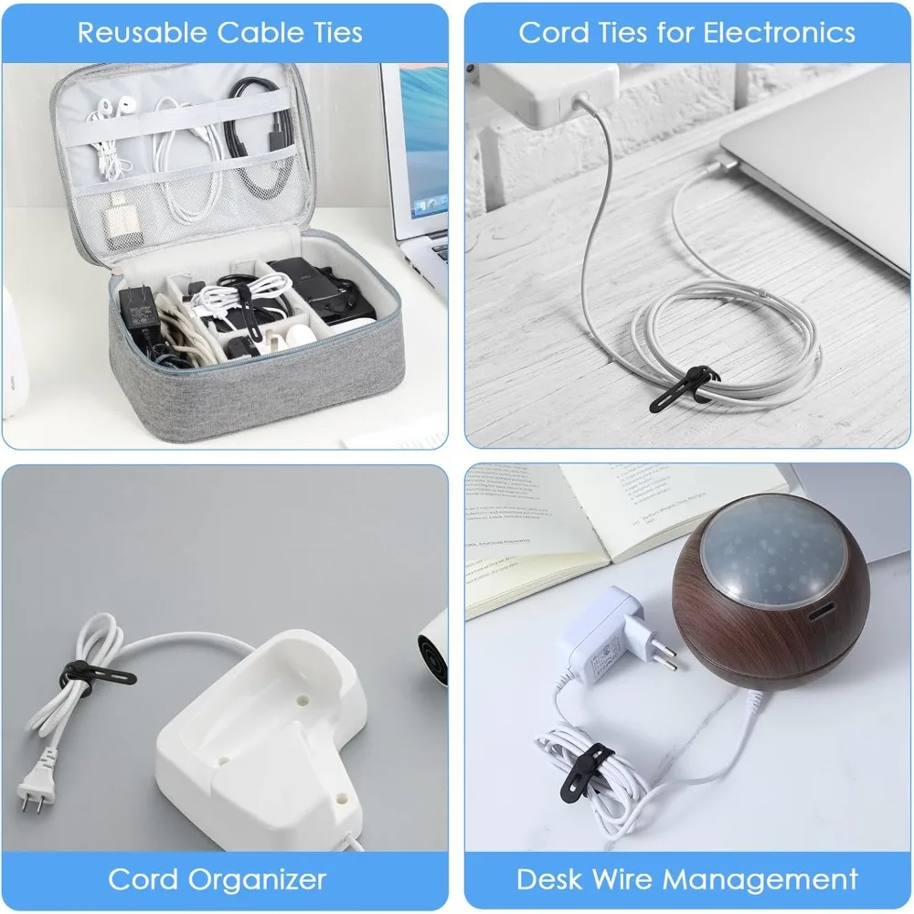 12 قطعة من ربطات كابل السيليكون، ربطات سلكية قابلة لإعادة الاستخدام للإلكترونيات، منظم كابلات البيانات، غلاف سلك مرن (أسود)