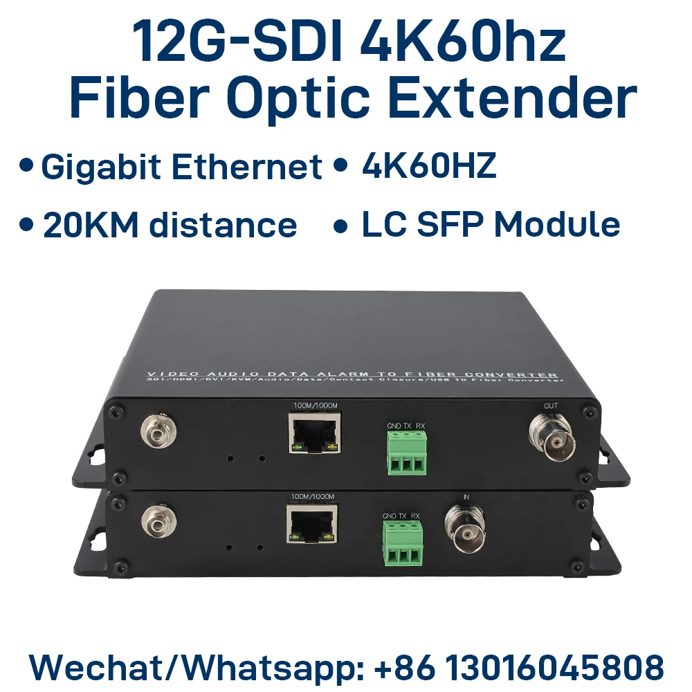 12G-SDI Fiber Optic Extender with Loop Out, 4K@60Hz, RS485/422/232 Data, Optional Gigabit Ethernet, Single-Mode 20km LC