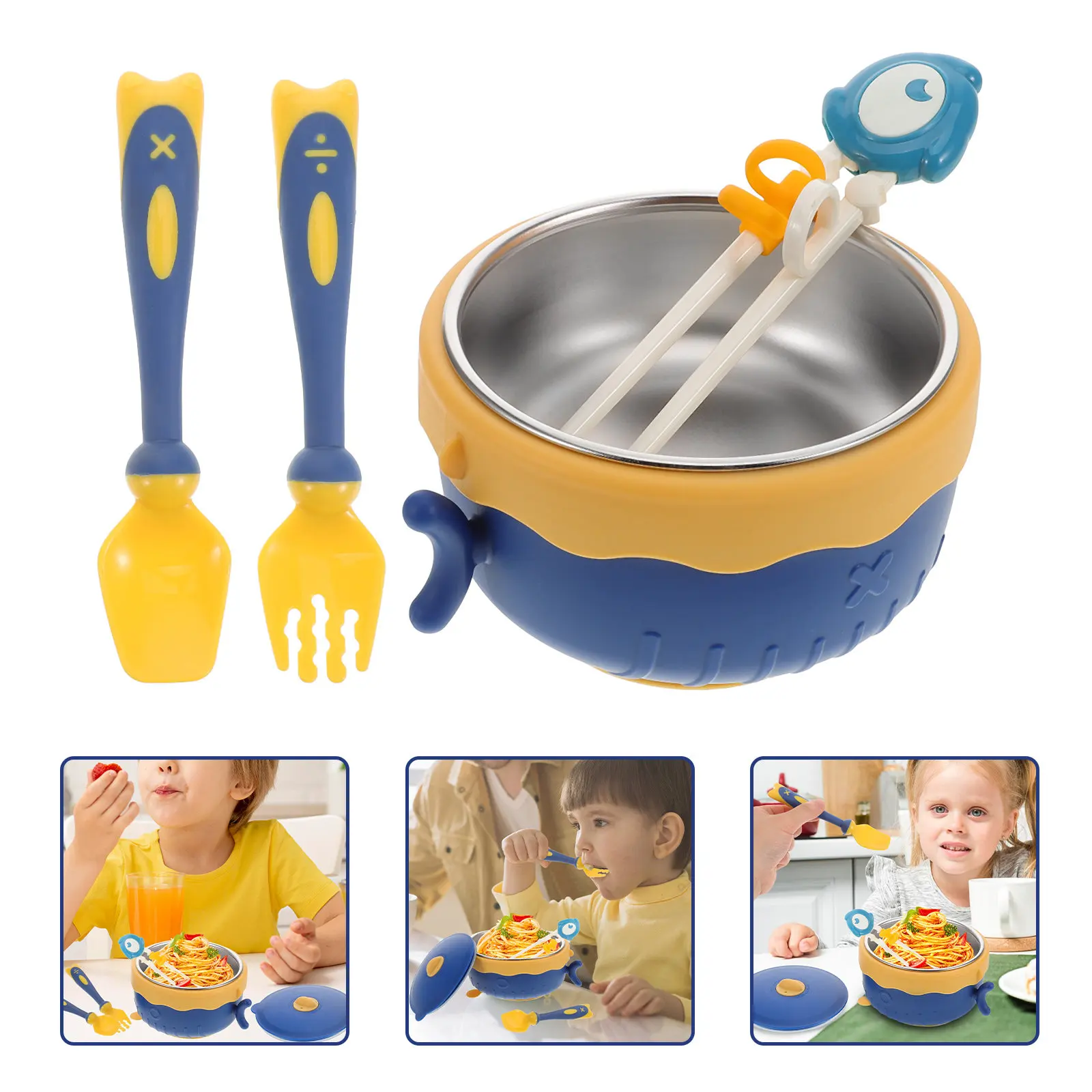 

4Pcs Baby Bowls Stainless Steel Insulated Feeding Set Detachable Blue Includes Spoon Fork Chopsticks Suction Base Heat Resistant
