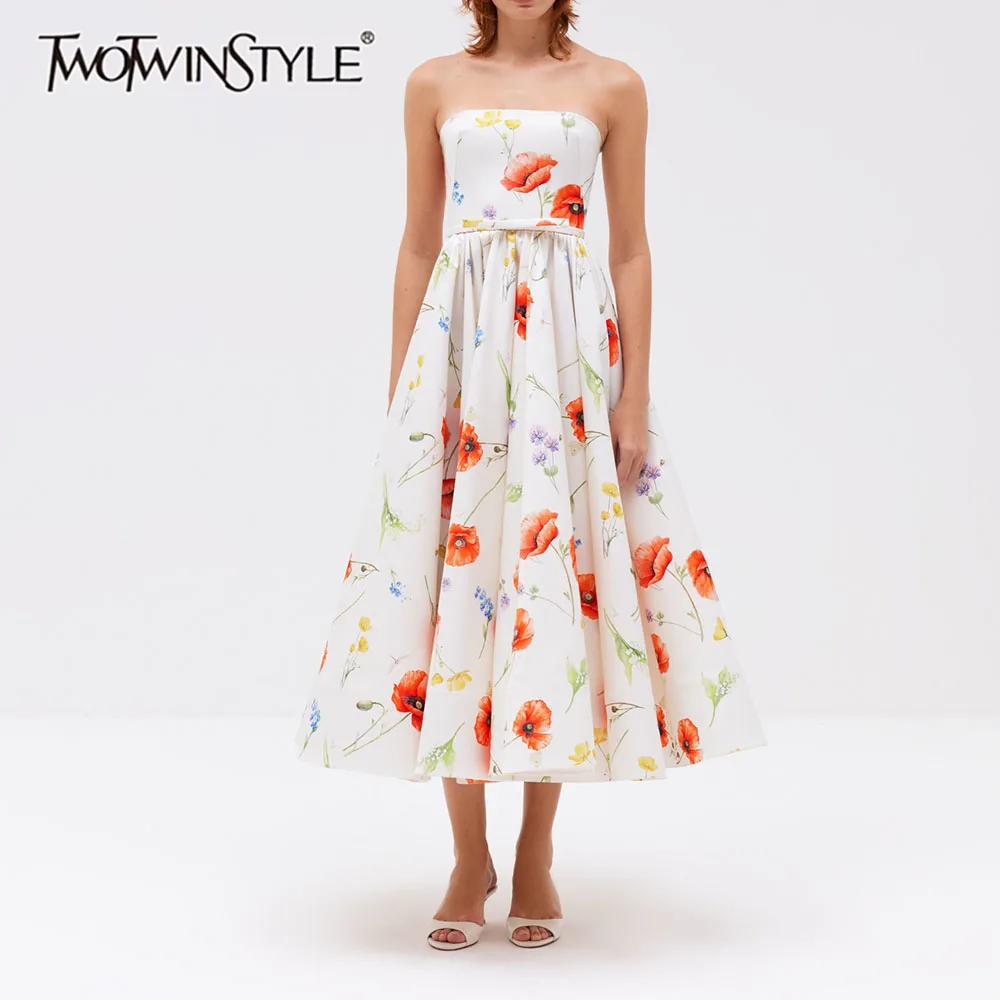 TWOTWINSTYLE Solid Spliced Printing Slimming Midi Dress for Women Strapless Sleeveless Patchwork Zipper Dresses Female Fashion