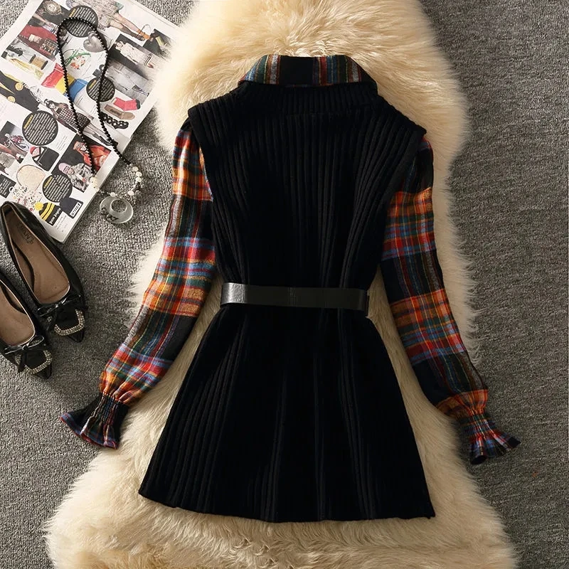 Fall Winter Two Pieces Suits Casual Outfits Womens Vintage Loose Plaid Blouses Top+split Knit Tank Top Fashion Clothing Female