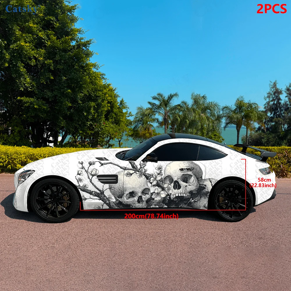 2pcs.Black & White Multiple Skulls with Plum Blossoms Car Wrap - Decorative & Practical, Scratch-Resistant, Fade-Proof, W