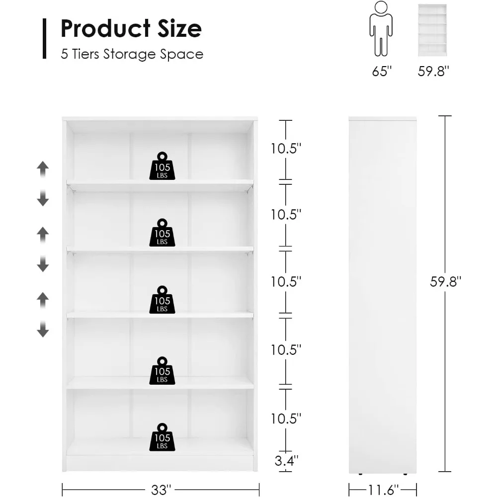 Estante branca para quarto, 5 prateleiras, escritório, 60 polegadas de altura, moderna, madeira, para sala de estar, 5 camadas de largura, livro mangá