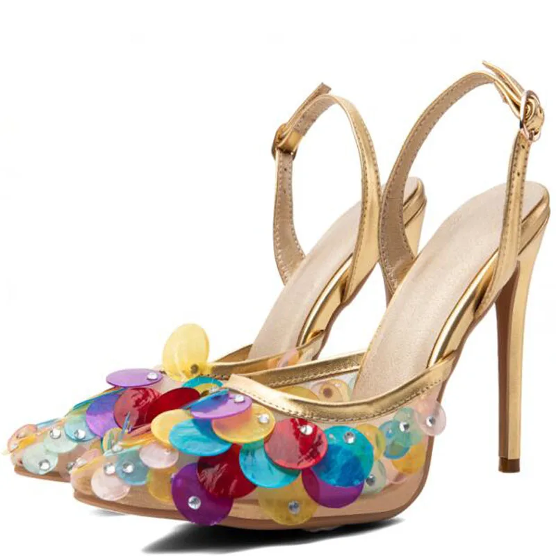 Colorful Sequin Scale Gold Leather Slingback Pumps Pointed Toe Mesh Ankle Buckle Party Wedding Dress Ladies Heeled Sandals Women