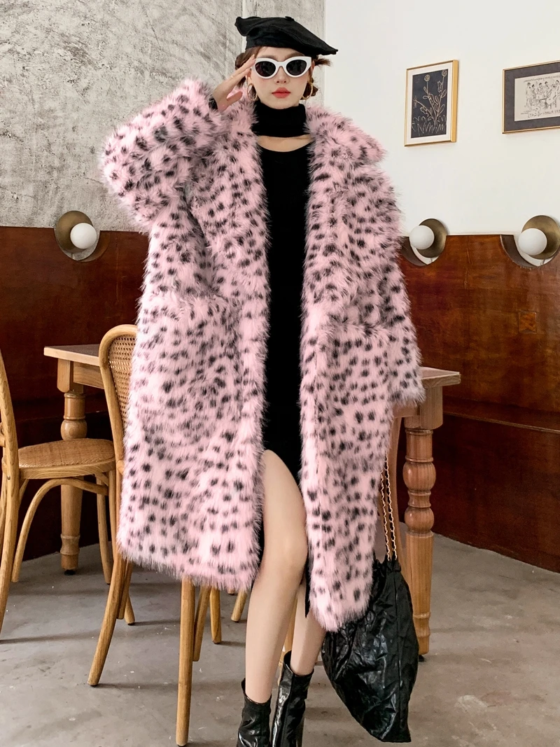 Female Fashion Faux Fur Coat Loose Lapel Print Long Jacket Lady  Outerwear Women's Winter Coats Promotion Factory Direct Sales