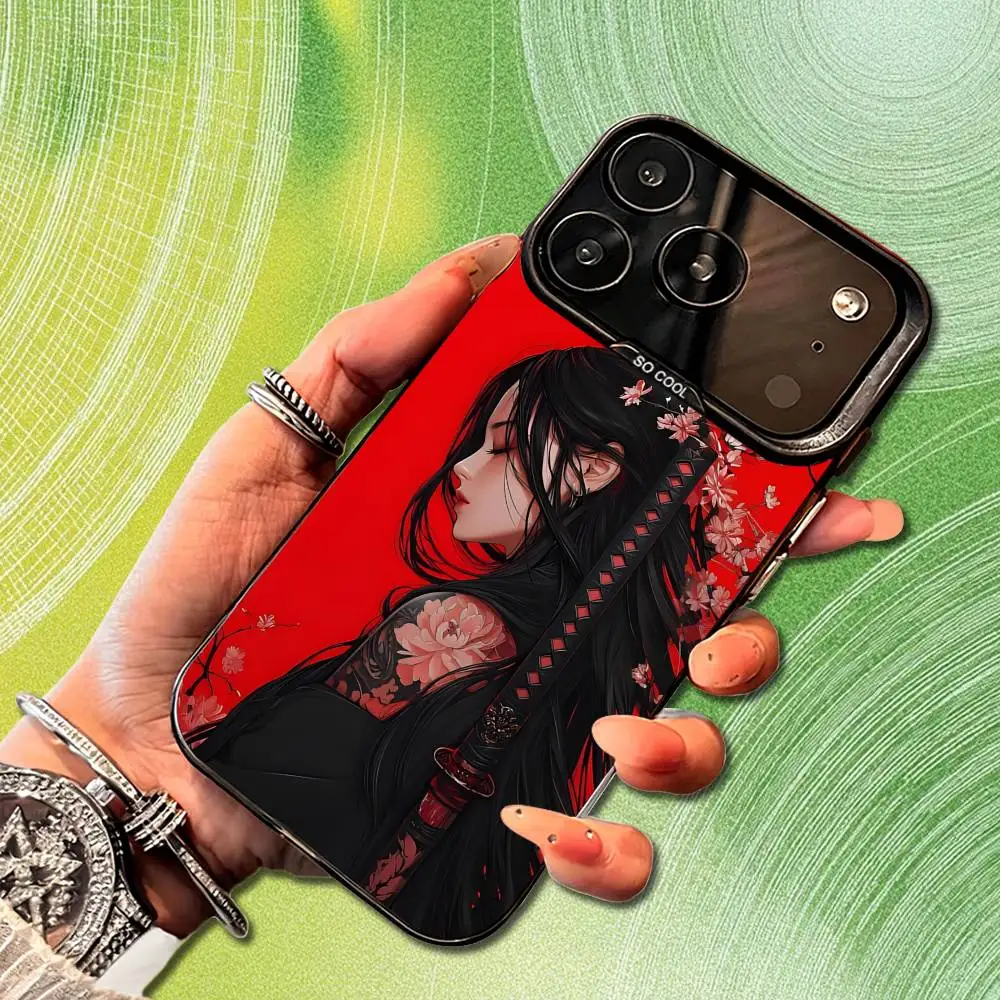 Art Warrior Woman Japanese Phone Case For iPhone 14,17,13,12,11,16,15,Mini,Pro,SE,XS,MAX,Black Matte Silicone Cover