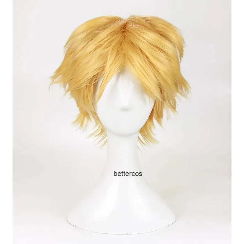 Parrucche cosplay Adrien / Cat Noir di alta qualità Parrucca corta bionda dorata resistente al calore + cappuccio per parrucca