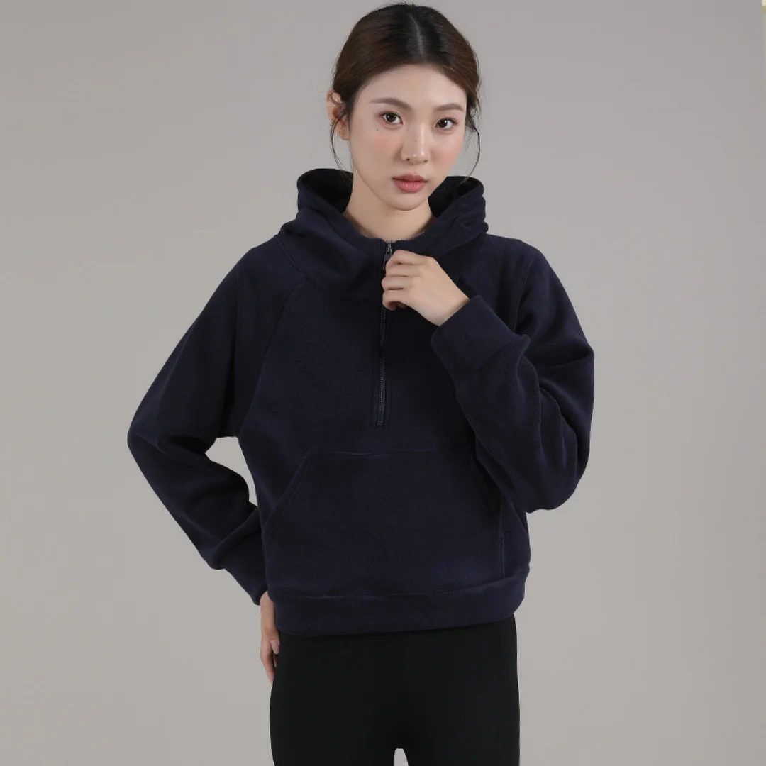 

Sports Running Yoga Jacket Fleece-lined Thickened Sweatshirt Warm Long Sleeve Half Zipper Ostgrain Fleece Hooded Sweatshirt