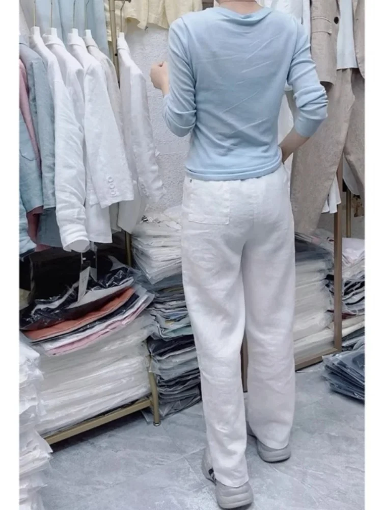 Weiße doppelt gebundene Leinen-Freizeithose für Damen, Sommer, dünn, große Größe, fett, MM, Anti-Aging, schlankmachend, lockere Hose mit weitem Bein