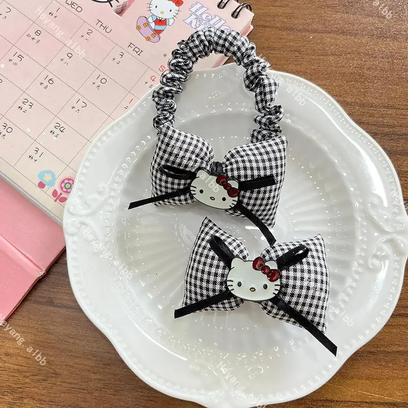 Kawaii Thousand Bird Grid Sanrios Hair Clip Hair Ring Cutes Hello Kitty Sweet and Fresh Girl Heart Side Clip Rope Hair Accessory