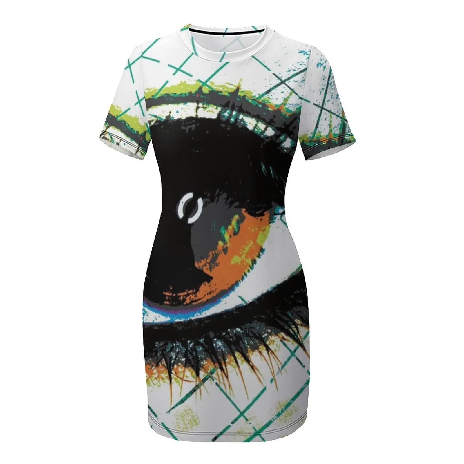 ชุดเดรสแขนสั้นลายดวงตาแบบนามธรรมพร้อมเส้นและวงกลม ชุดเดรสออกงาน