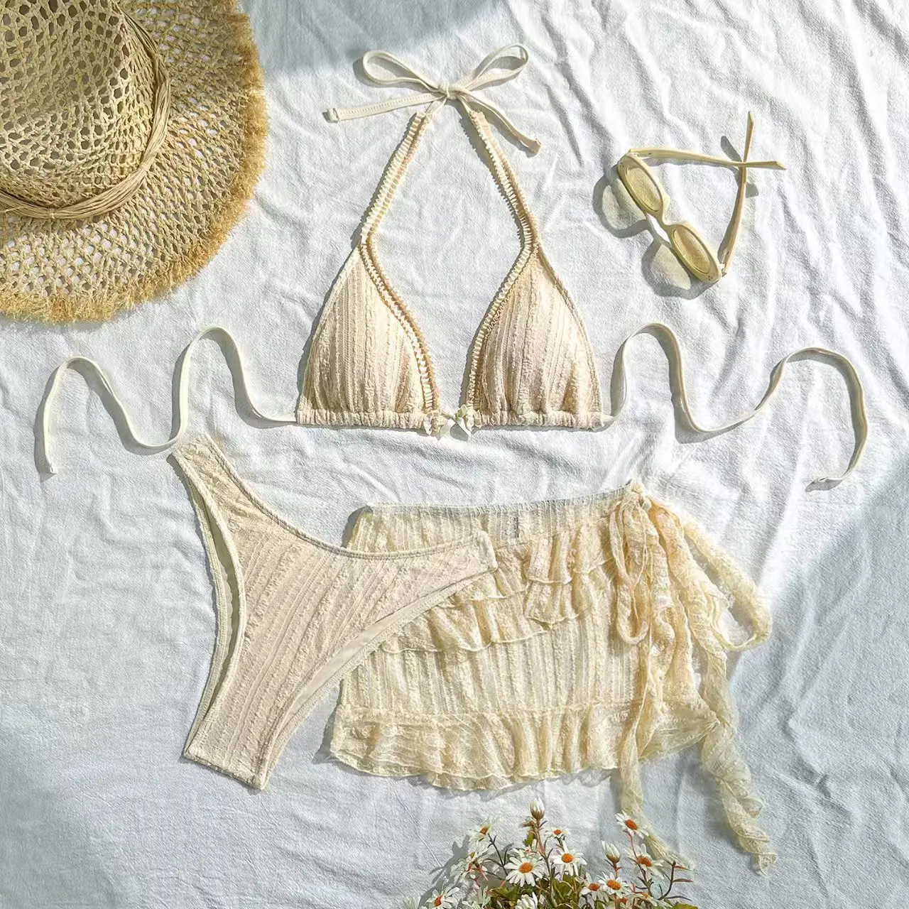 

Sexy Mesh Ruffles Skirt 3 Piece Bikini Set 2025 Women Beige Push Up High Waist Swimsuit Summer Bathing Suit Holiday Swimwear