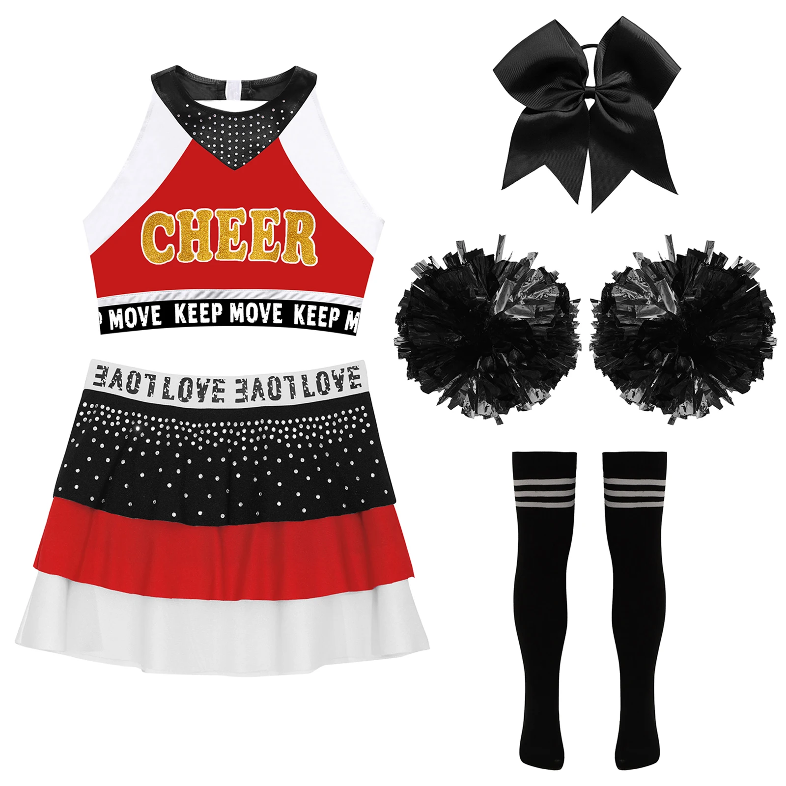 Kids Girls Cheer Uniform Cheerleading Jazz Dance Performance Costume Sleeveless Crop Top with Skirt Headwear Flower Balls Socks