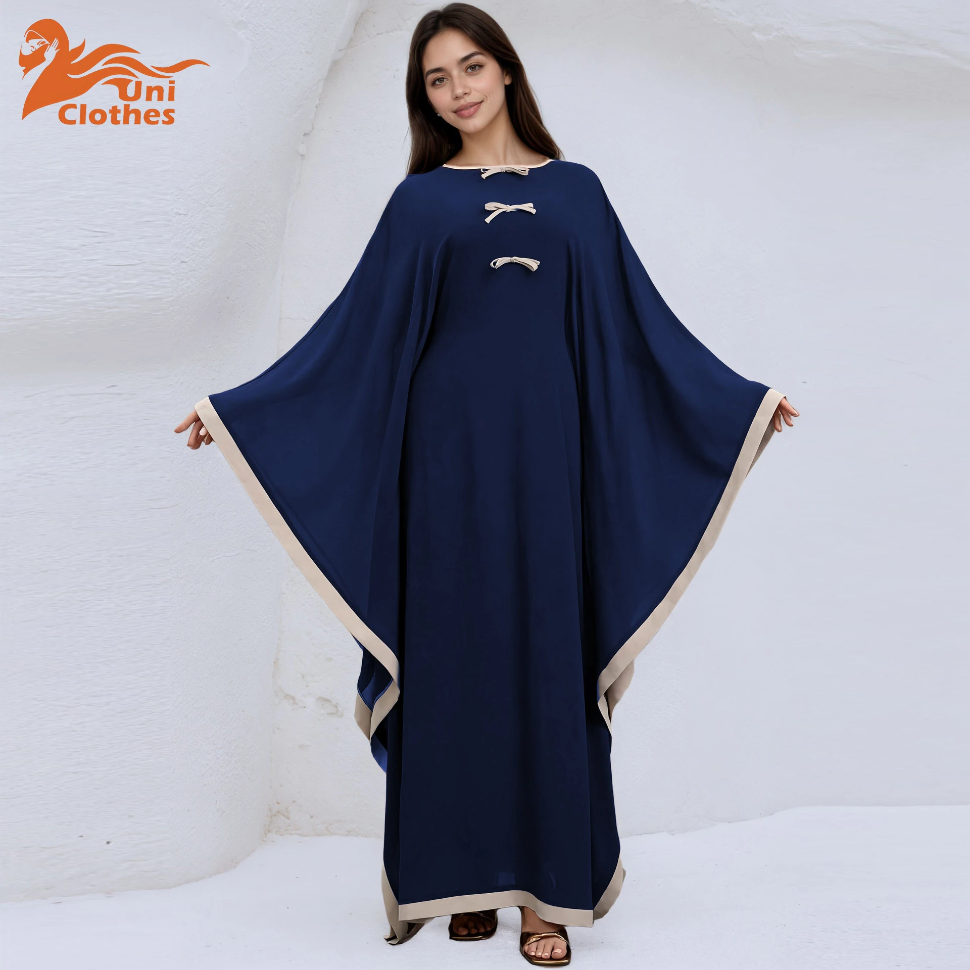 

UNI New Middle Eastern Inspired Womens Fashion abaya Deep Navy Blue with Beige Edges Unique Decor Long Abaya for Cultural Occasi