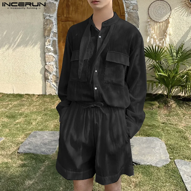 

INCERUN Мужские комплекты Однотонная рубашка оверсайз с длинным рукавом и шорты из 2 предметов Уличная одежда Лето 2025 Отпуск Мужские повседневные костюмы S-5XL