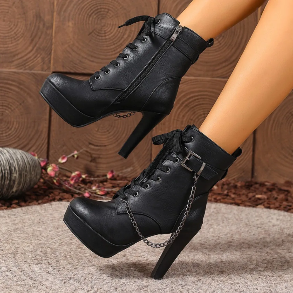 Fashion 2026 Chain Pointed Toe Stiletto Pumps, Cross Ankle Strap Solid Color Dress Shoes for Women Spring Autumn（Black/Brown）