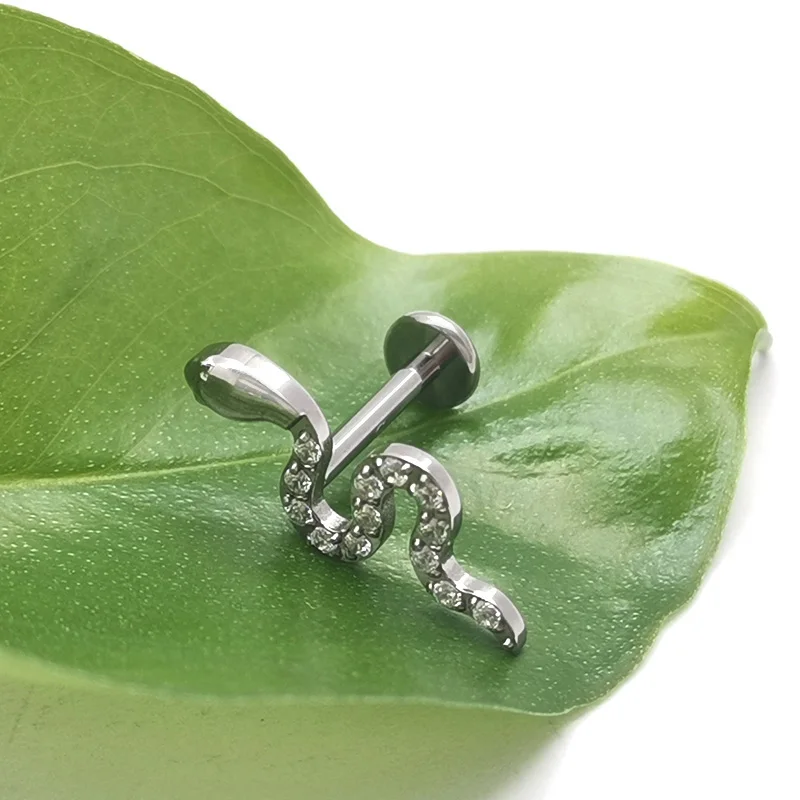 Titanium Viper Snake Zircon Labret Cartilage Earring Flat Back Stud Conch Tragus Helix Medusa Monroe Piercing ASTM F136