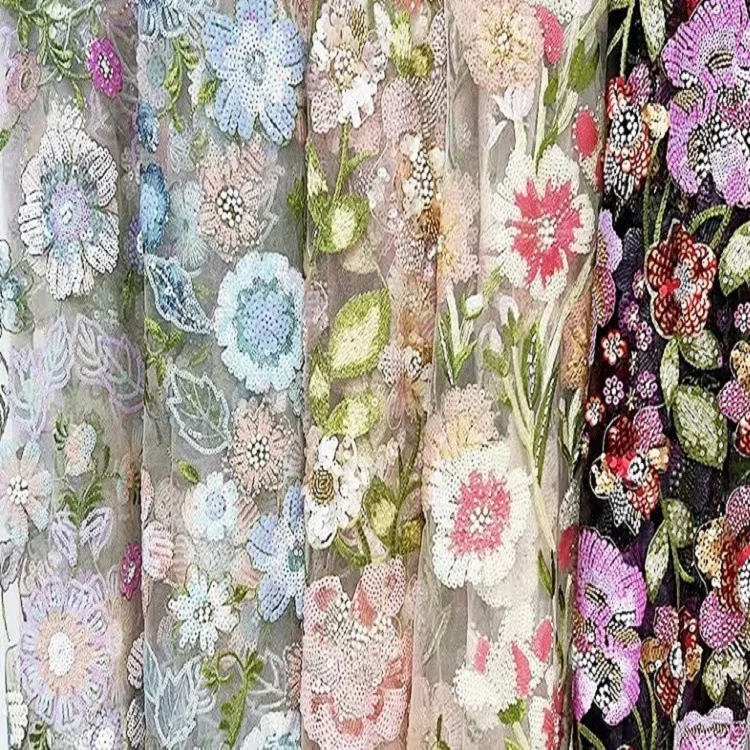 Luxury floral beaded embroidery fabric cross border for lace tulle dress wedding dress fabric