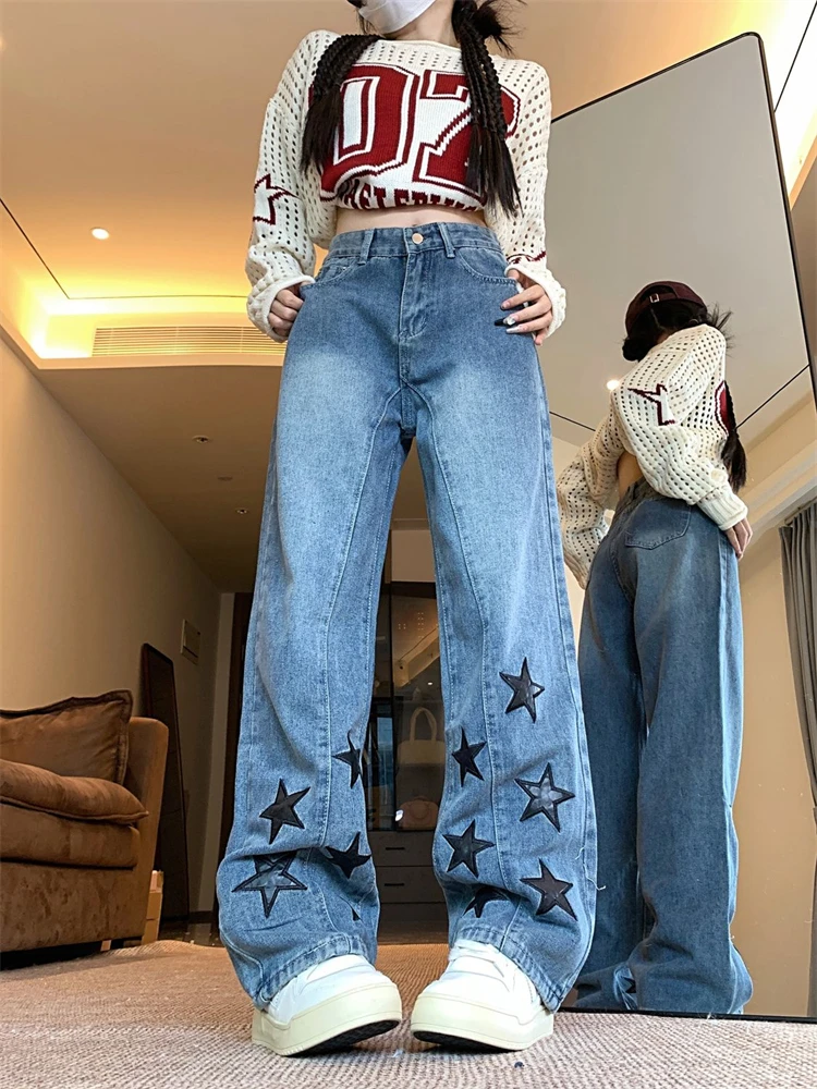 Women's Multiple Star Patterns Streetwear Blue Baggy Jeans Hiphop Cool Girl High Waisted Trouser Female Wide Leg Denim Pants