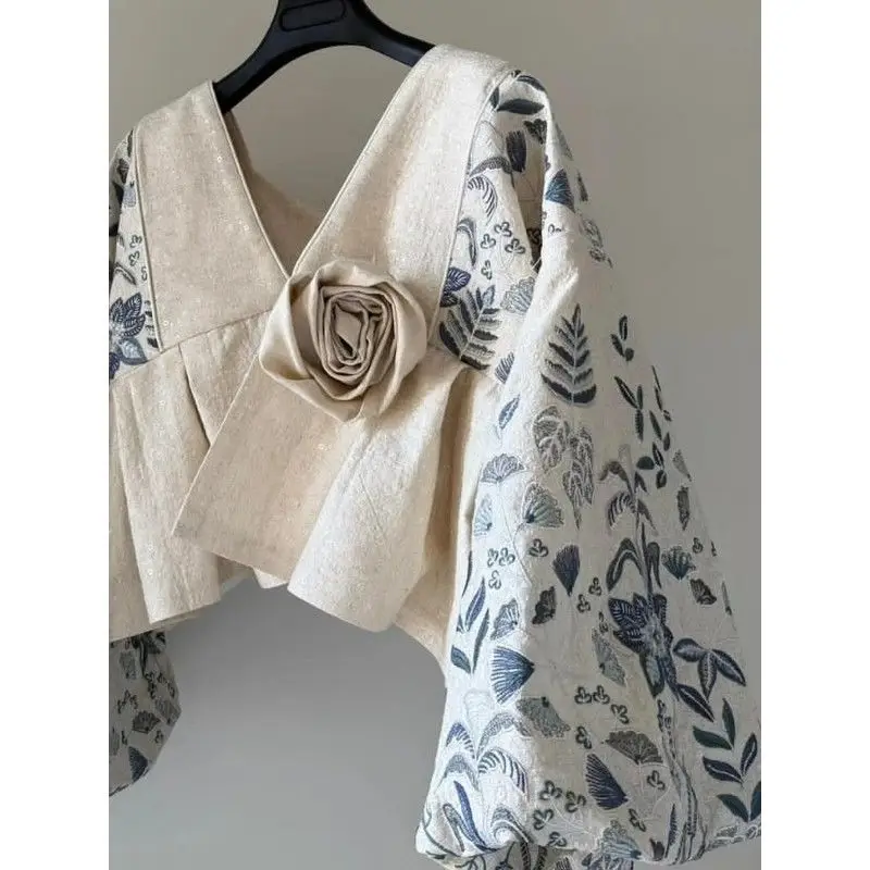 Women Floral Print Panel Patchwork Jacket Spring Autumn V-neck Puff Sleeve Top with 3D Flower Appliqué Elegant Casual Coat Cover