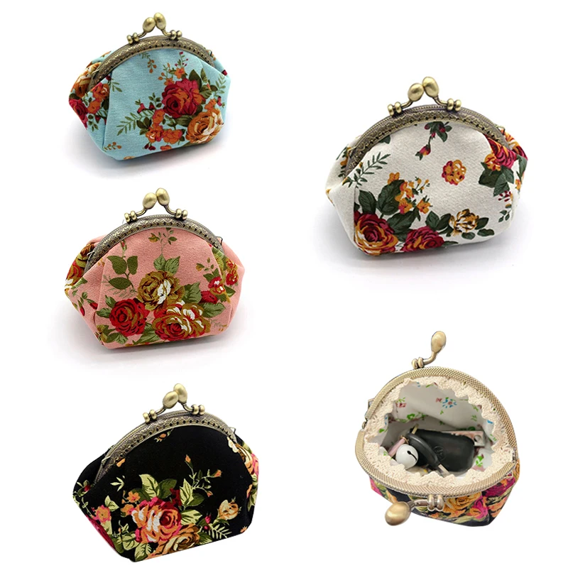 

Женская винтажная сумочка для монет из холщовой ткани с принтом роз, тканевая сумочка с застежкой-клипсой, сумка для хранения карт и мелочей.