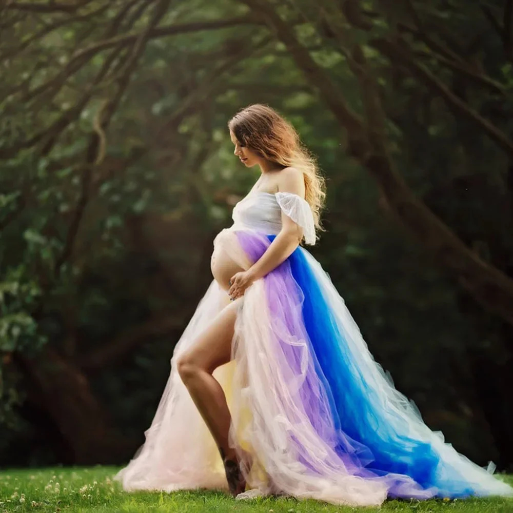 Vestidos de maternidad sin hombros para sesión de fotos, maxivestido de malla arcoíris para mujer embarazada, accesorios de fotografía, Vestido largo de embarazo, 2024