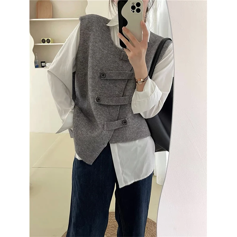 MEXZT Irregular Sweater Vest Women Preppy Solid Chic Button Knit Waistcoat Korean Office Lady Elegant Knitwear Casual Top New