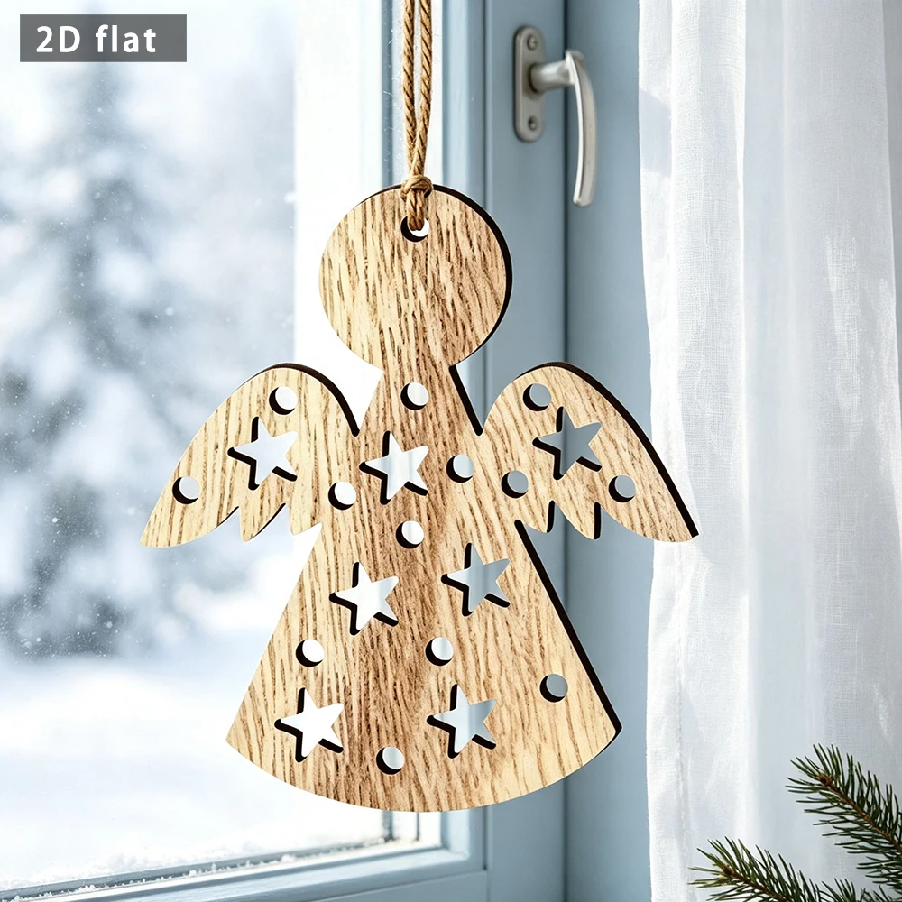 Wooden Angel 2D Flat Cutout Star Design Christmas Tree Hanging Tag Xmas Wall Decor Plaque