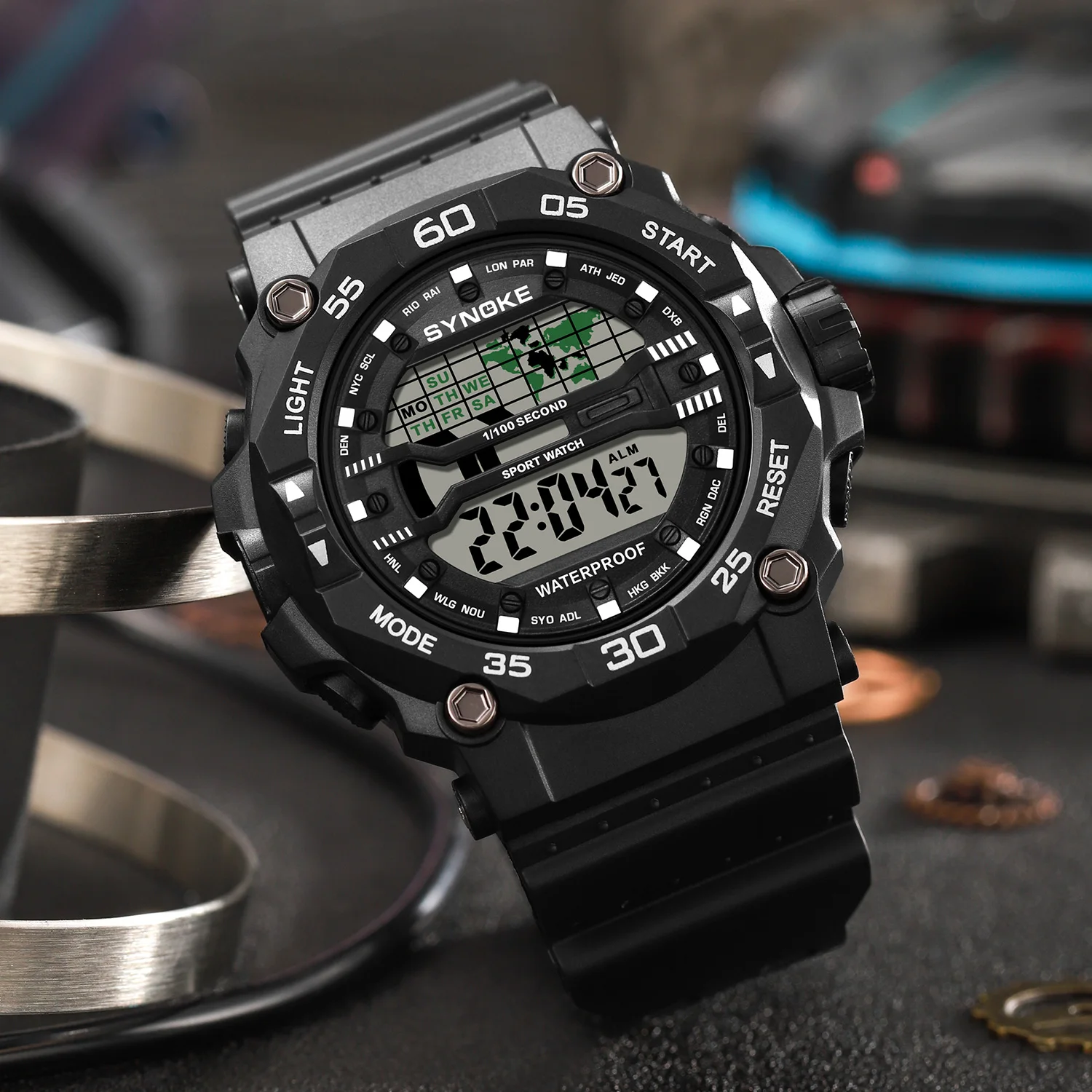 Synoke-メンズミリタリースポーツウォッチ、デジタル、クロノグラフ、アラーム、防水、50m