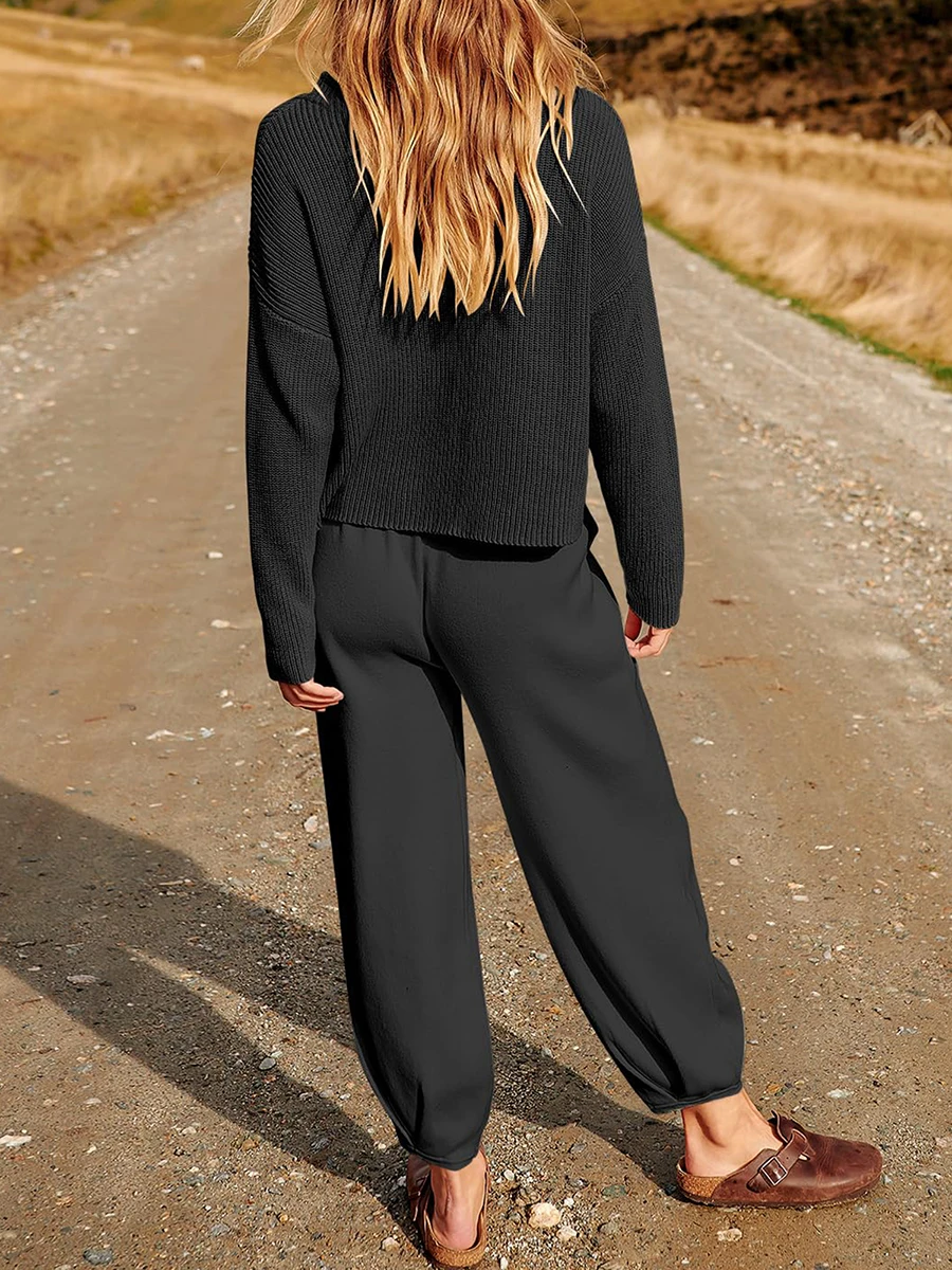 Conjuntos de suéter de punto de 2 piezas para mujer, Tops de manga larga y pantalones sueltos, chándal informal con clase, conjuntos de salón