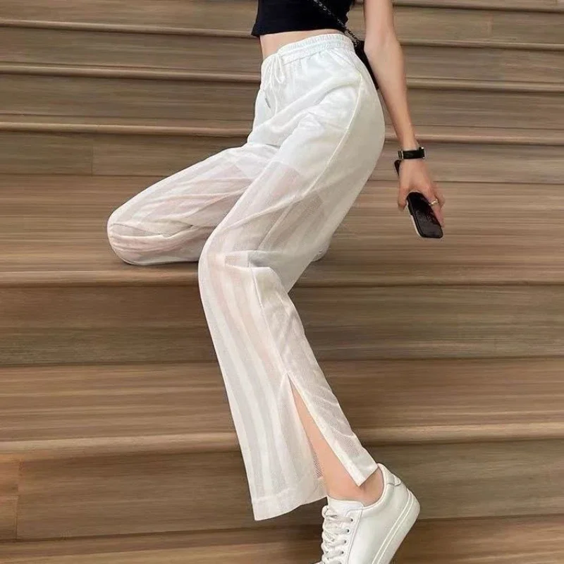 Wide Leg Elastic Waist Trousers for Woman Straight Women's Pants Black Stripe White Clothing High Quality Classic Y2k Streetwear