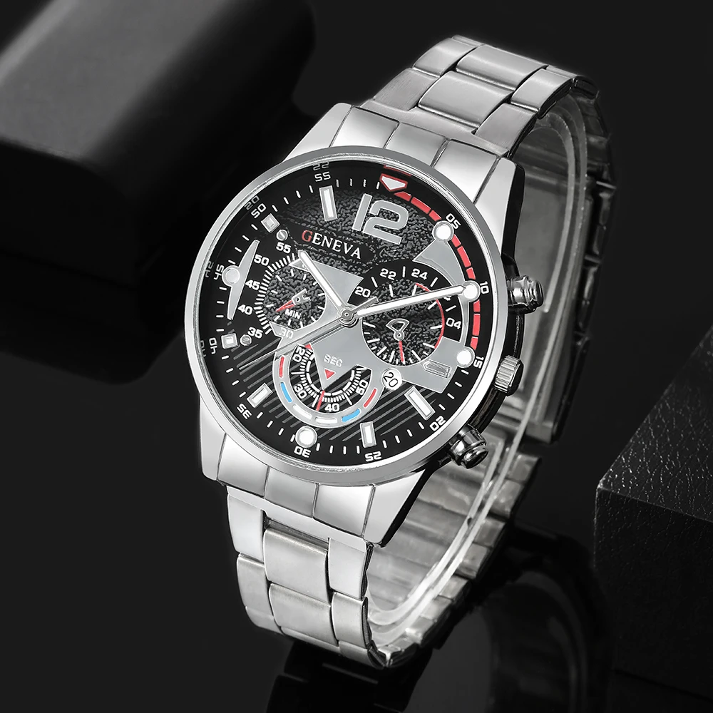 3pcs/set, Mens Calendar Stainless Steel Quartz Watch & Necklace & Bracelet Set, Ideal Choice for Gifts