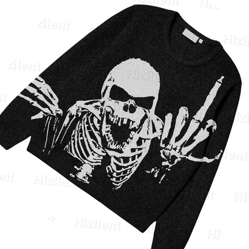 BIG PROMOTION Y2K European and American Autumn and Winter Men\'s Gothic Casual Black Loose Skeleton Print Vintage Knitted Sweater