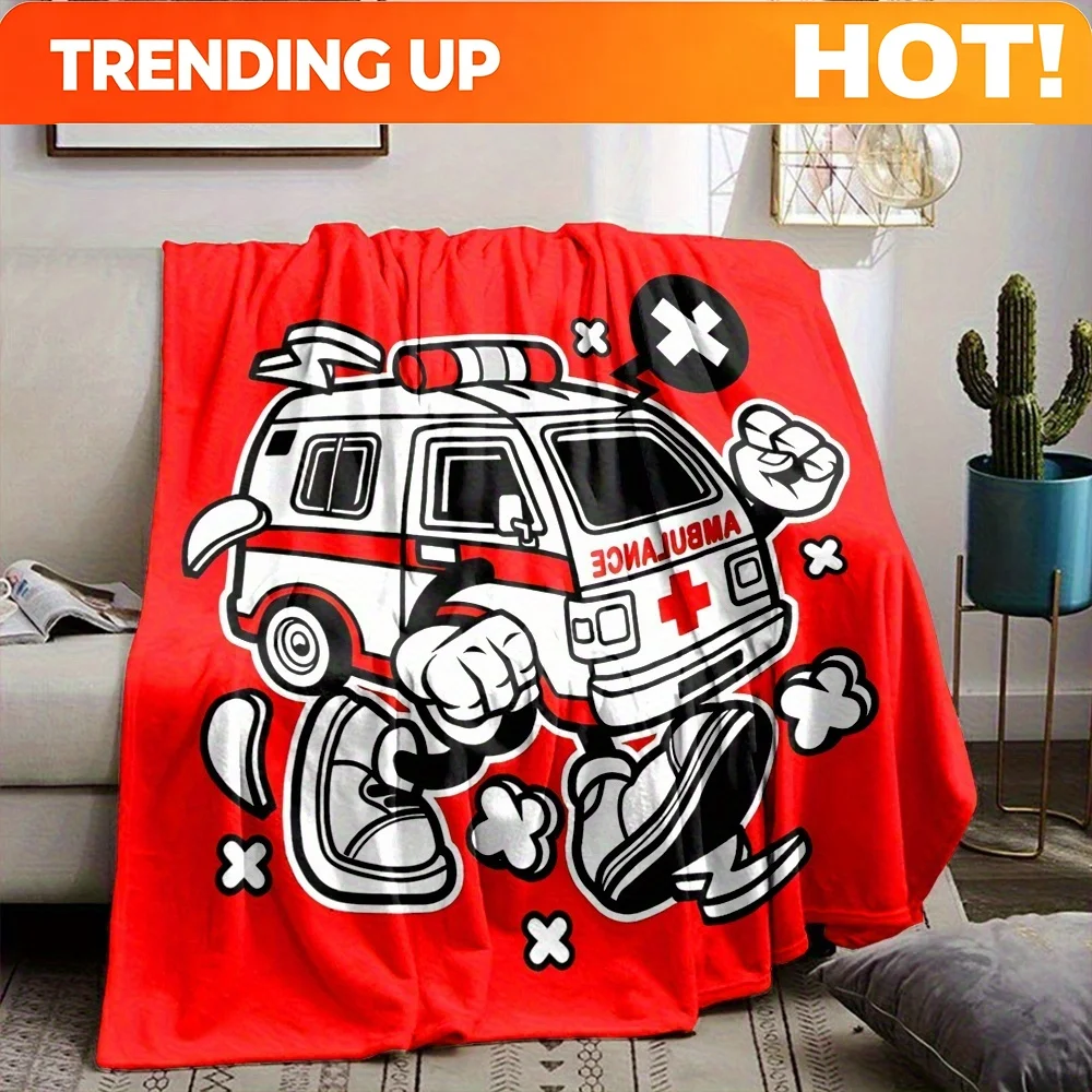 Customize A Contemporary Style Reversible Fleece Blanket with Cute Ambulance Print, Number Print, Suitable for Office Nap and Ho