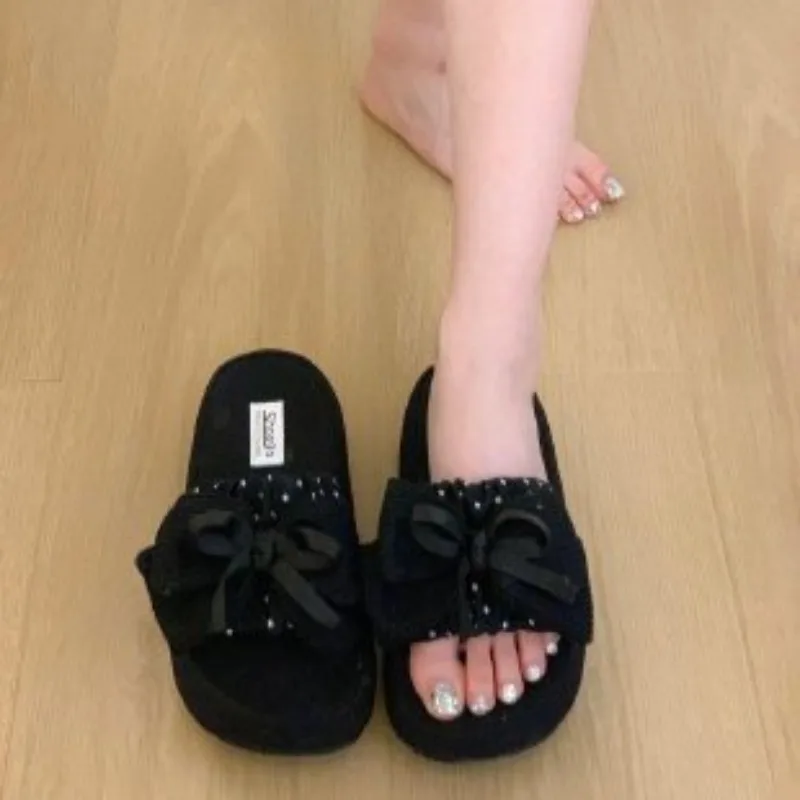 Sweet Bowknot Thick Sole Women Slippers Knit Bow Decor Polka Dot Inner WedgePlatform Open Toe SlidesSummer FashionOutdoor Ladies - view 3
