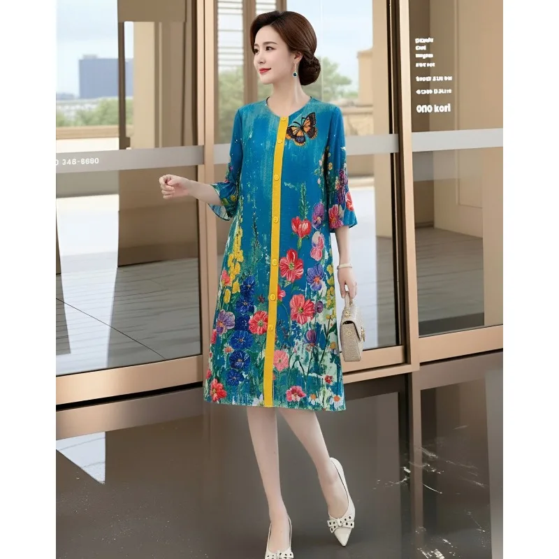 Miyake Pleated Original Summer New 2026 Retro Print Dress Women Pleated Green Spring Dress Fashion Casual Plus Size Dress Pleat