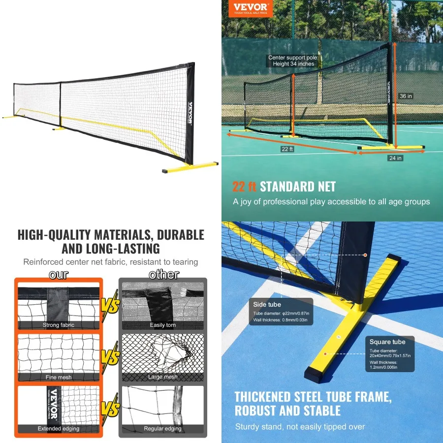 

VEVOR Portable Pickleball Net System 22FT Regulation Size Net Weather Resistant Steady Metal Frame and Strong PE Net Outdoor Ga