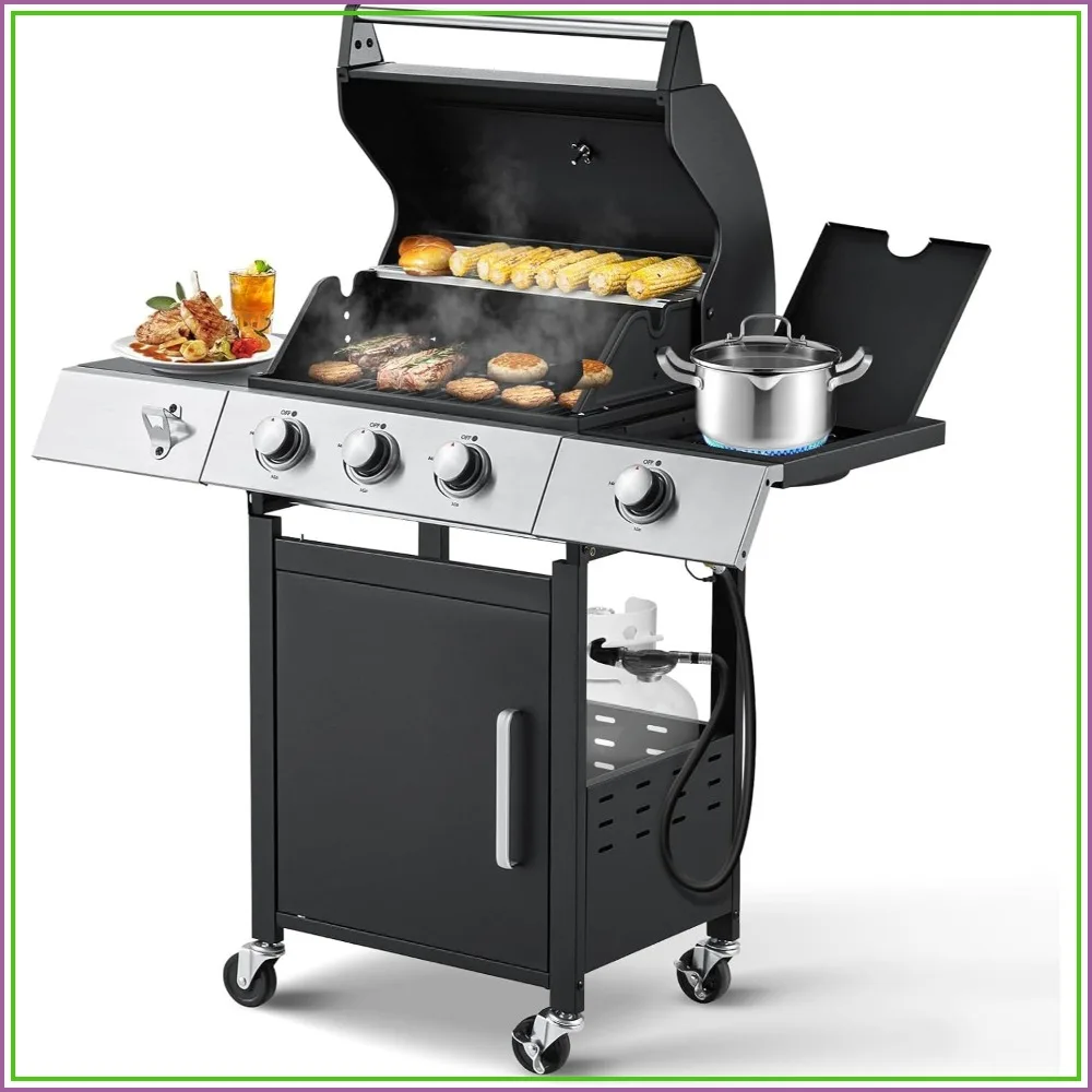 36,000 BTU 3-Burner Propane Gas Grill, Stainless Steel BBQ with Cast Iron Grates & Side Stove