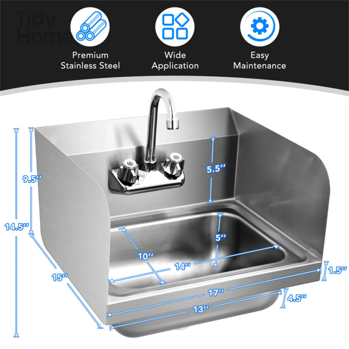 Wall mounted sink with Gooseneck Faucet and High Side Splash, rotate 360°, Large-sized Hand Sink, Rounded corner design,Kitchen
