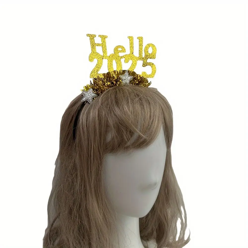 Hello 2025 Happy New Year Headband Star Sequin New Year Decoration Headdress Photographic Headwear Sweet Glitter Hair Hoop