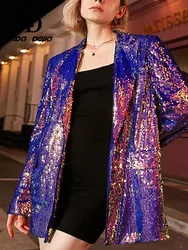 LD LINDA DELLA 2023 Autumn Fashion Designer Coat Women Purple Long Sleeve Extravagant Sequin Slim Fit Button Sparkle Travel Coat