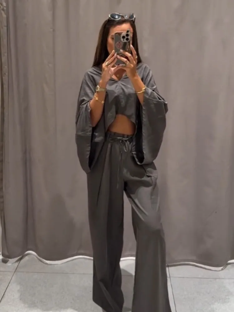 HH Damen-Hosenanzug, einfarbig, V-Ausschnitt, asymmetrischer Kimono-Stil, kurzes Oberteil + lockere Schnürung, elastische Taille, weites Bein, Hose, 3 Farben