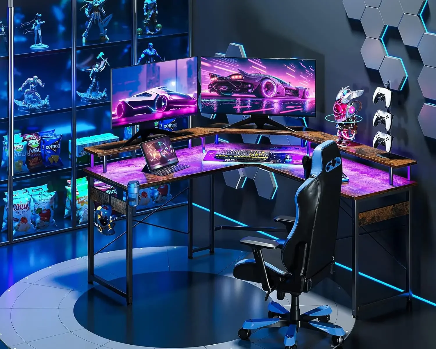 L Em Forma De Computador Gaming Desk, Luzes LED, Tomadas De Energia, Suporte De Monitor Completo, Mesa De Canto Com Suporte De Copo E Ganchos, 51"