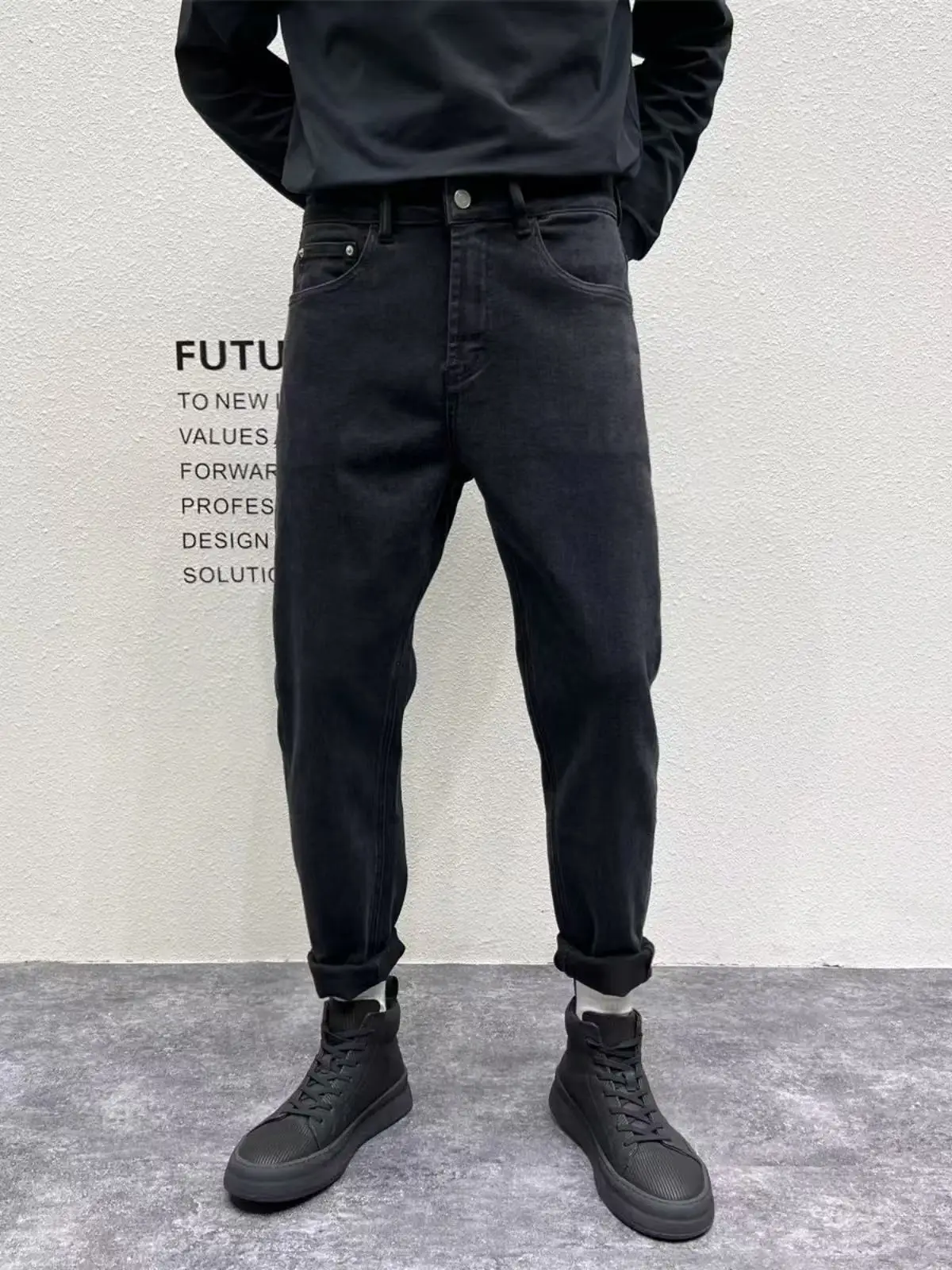 

Slim Fit Men's Denim Jeans Pure Black Washed out Spring Autumn New Style Versatile Casual Jeans Trendy Straight Leg Jeans