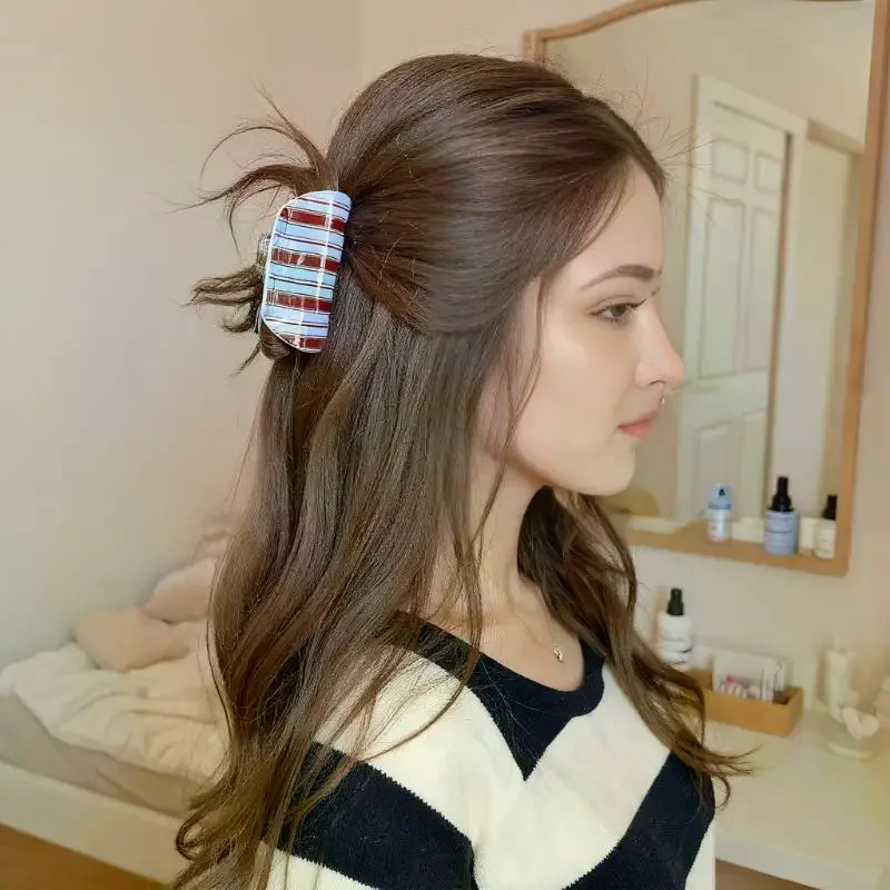 

НОВЫЙ синий кофейный цвет в полоску, коготь для волос, классический повседневный стиль, заколки для волос, акриловые аксессуары для волос для женщин и девочек