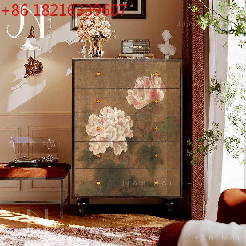 

Solid wood objects painted five buckets six buckets cabinet Chinese lotus picture living room sofa French antique style