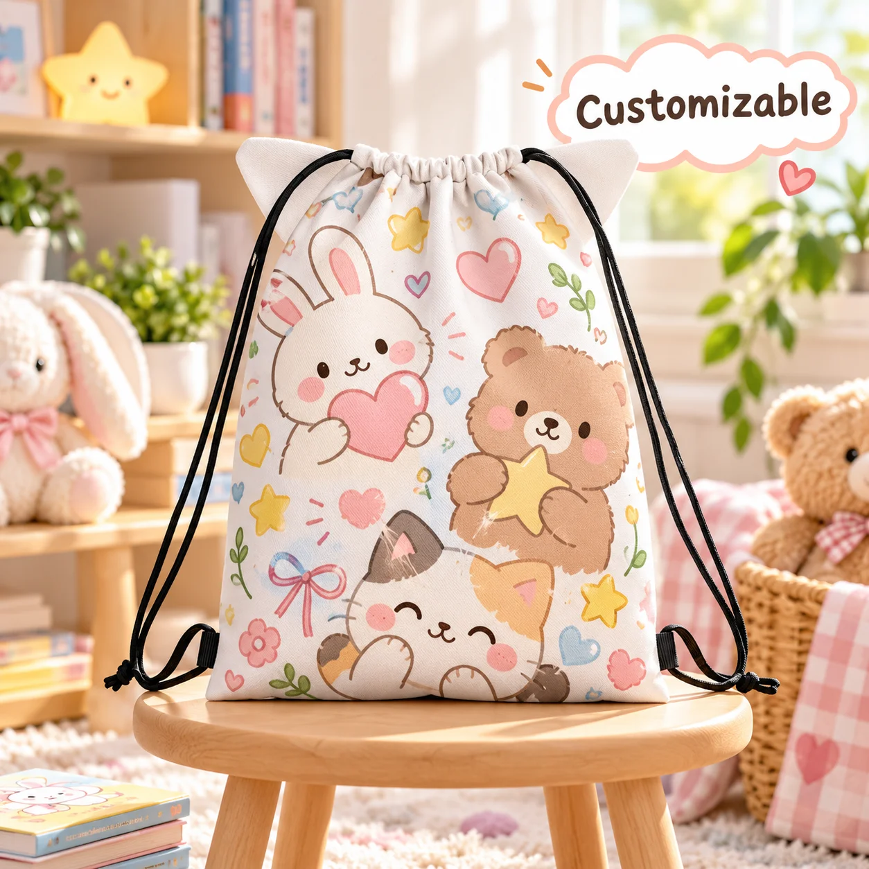 Custom Bag Pattern Animal Ear Drawstring Bag Pongee Cute Japanese‑Style Crossbody Handbag Adjustable Sizing Sweet Macaron Color